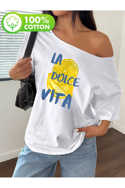 PALPİTO تي شيرت نسائي من La Dolcevita مطبوع بياقة قارب كبيرة الحجم
