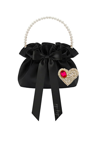 pegu baby collection Black Cotton Satin Bag, with Heart Decorated with Crysta...