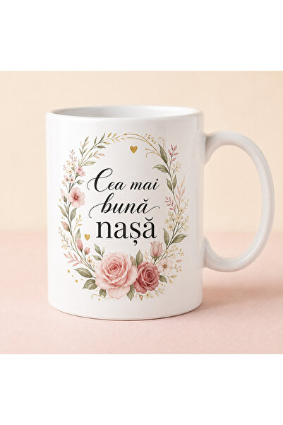Generic Brand Cană ceramică Cea mai bună nașă, model floral roz-pudră și auri...