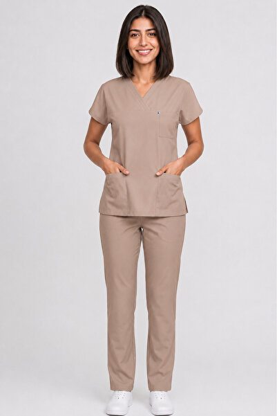 DENİZ İŞ Women's V-Neck Bat Sleeve Flexible Cotton Linda Fabric Scrubs Set wi...