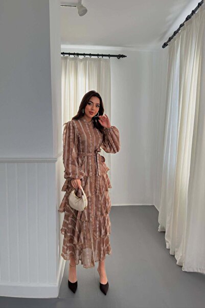 Moda Days Women's Brown Long Flounce Belted Balloon Sleeve Floral Patterned L...