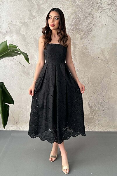 Clothes Fast فستان نسائي أسود متوسط الطول بياقة مربعة وحزام وتطريز وقصة واسعة