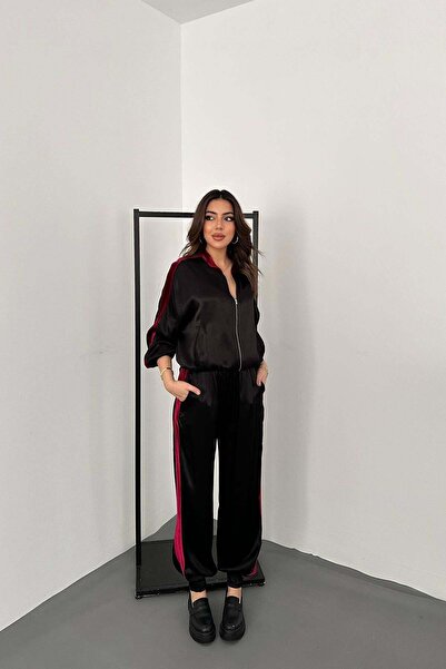 Moda Days طقم بدلة رياضية نسائية من الساتان الأسود مع خطوط مخملية وياقة عالية...