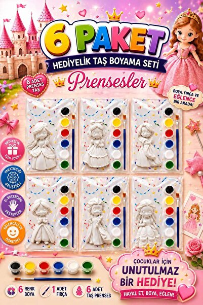 Atölye yüksel 6 Paket Prensesler Hediyelik Taş Boyama Seti ( 6 Farklı prenses )