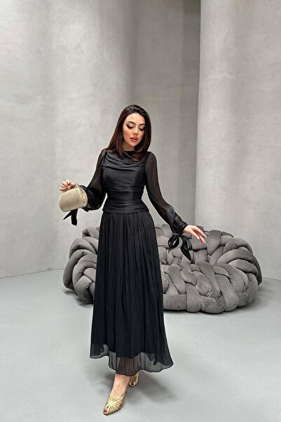 Moda Days Women's Black Long Gathered Cuffed Belted Pleated Lined Event Dress
