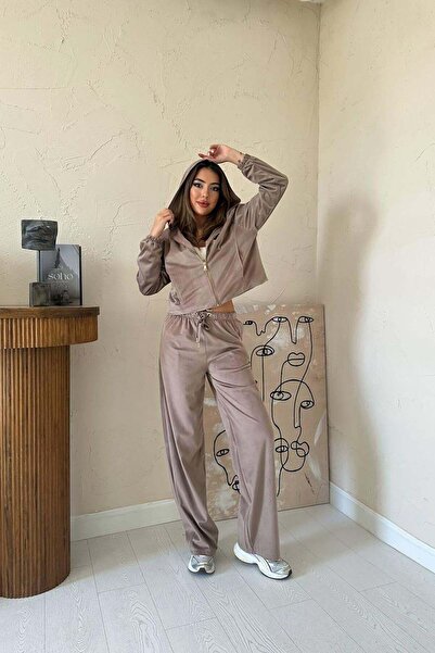 Moda Days Women's Camel Bottom - Top Set Thin Velvet Hooded Zipper Lace-Up Wi...
