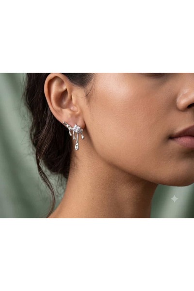 Çelik Liquid Silver Melted Metal Textured Transparent Color Stone Earrings