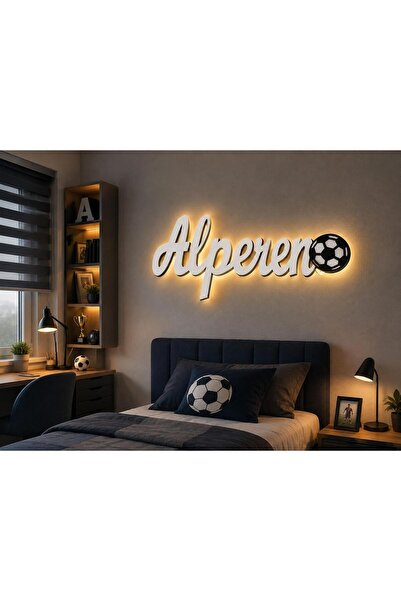 Runc Design Kişiye Özel İsimli Futbol Topu Figürlü Led Işıklı Ahşap Duvar Pan...