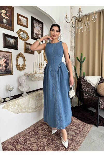 Clothes Fast Women's Dark Blue Denim Midi Dress with Backless Tie Detail, Sle...