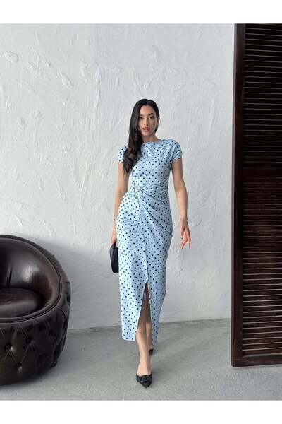 Moda Days Women's Blue - Blue Polka Dot Drawstring Detailed Slit Maxi Pencil ...