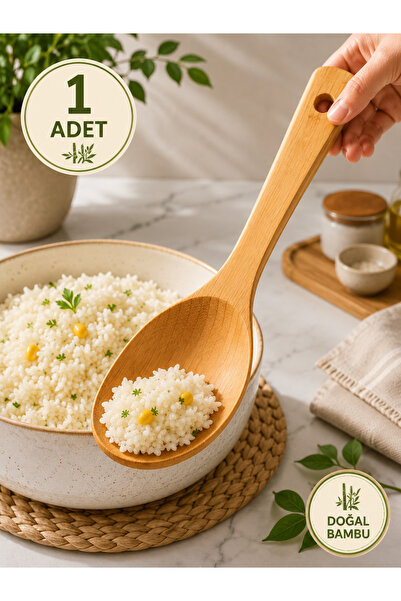 EUROLUXE Doğal Bambu Servis ve Pilav Kaşığı 26 cm Ahşap Yemek Servis Kaşığı Ç...