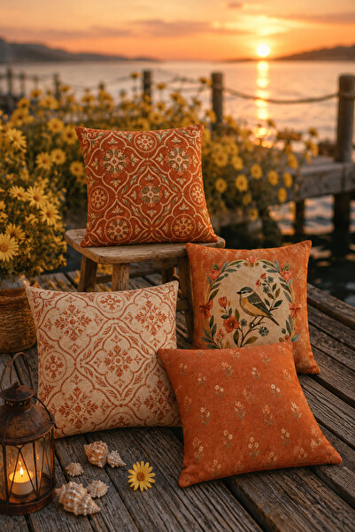 SasoHome Bohem Turuncu Kırlent Kılıfı 4'lü Set | Kuş Figürlü ve Desenli Dekor...