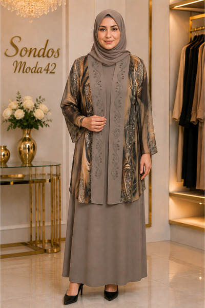 Sondos Moda42 Hesna Defne Large Size Patterned Chiffon Jacket 2-Piece Women's...