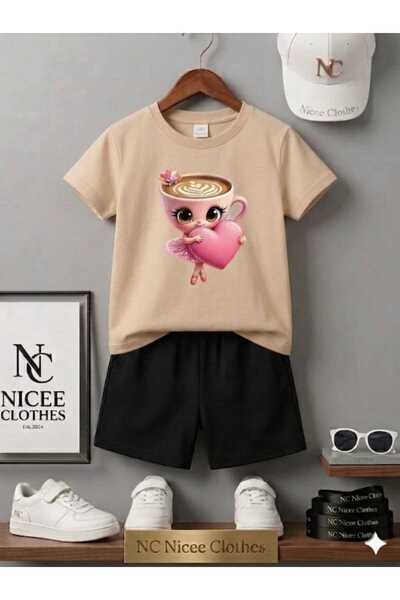 Leto Lykia Summer Children's T-Shirt Shorts Unisex (Pink Heart Cappuccino Pri...