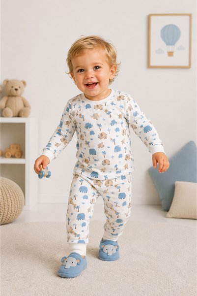mini kanka Baby Boy 0-3 Years Old 100% Cotton Long Sleeve Pajama Set Double Set – Soft Sleepwear with Elephant & Safari Animals Pattern