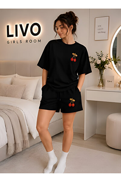 EFFRENATU Cherry Printed Oversize Cotton T-Shirt-Shorts Set