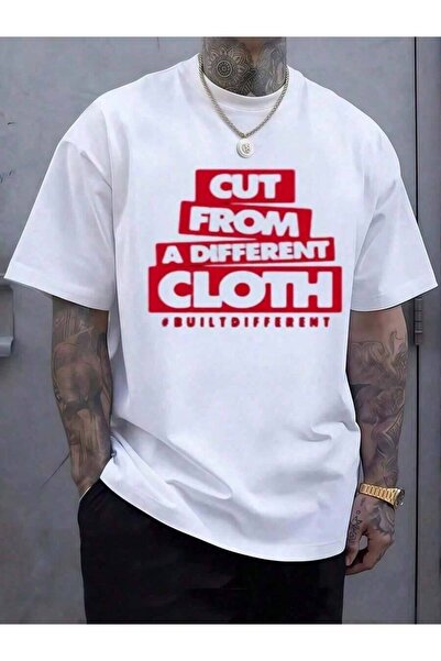 LİNA06 Bold Red Text Graphic Declaring Cut From A Cloth Built Different Spiri...