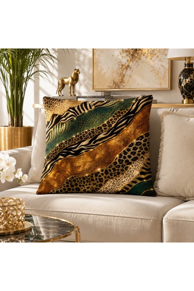 Piloji Leopard Zebra Patterned Decorative Throw Pillow Cover 43X43 cm Gold Fo...