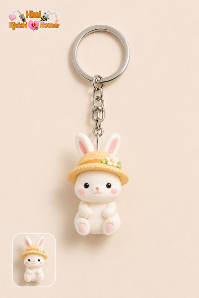 himi bijuteri aksesuar Cute Rabbit Keychain with Straw Hat and Flowers, Minia...