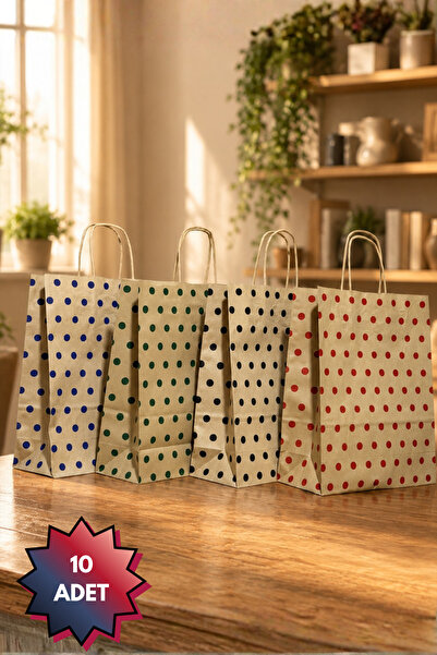 Karışık Renk Puantiyeli 10 Adet 24x10x29 Cm Kraft Çanta Hediye Poşeti , Hediye Paketi , Kraft Kağıt Çanta