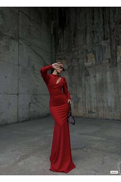 Modafeminen Red Balloon Sleeve, Low-Cut Chest, Glittery Long Evening Dress 58...
