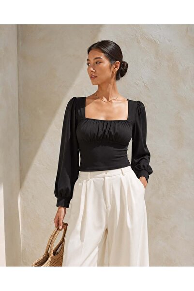 Modafeminen Black Square Collar Gathered Balloon Sleeve Crop Blouse 581478