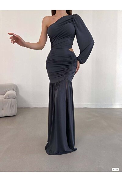 Modafeminen One-Sleeve Draped Evening Dress with Window-Pane Pattern 582758 S...