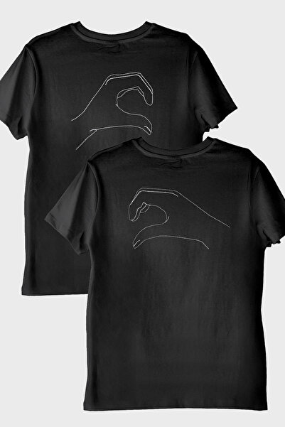 lofux Heart Hands Patterned Couple Combination Black T-Shirt