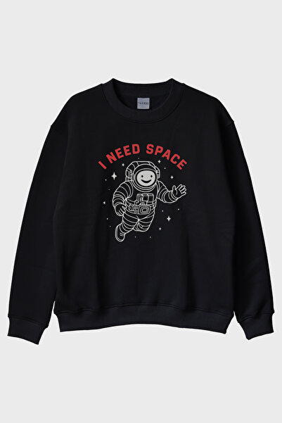 lofux I Need Space Astronaut Designed Printed Black Crew Neck Sweatshirt