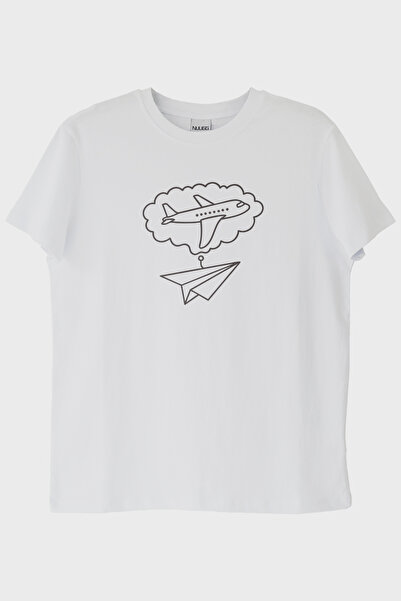 lofux Printed White T-Shirt with Paper Plane and Passenger Airplane Design
