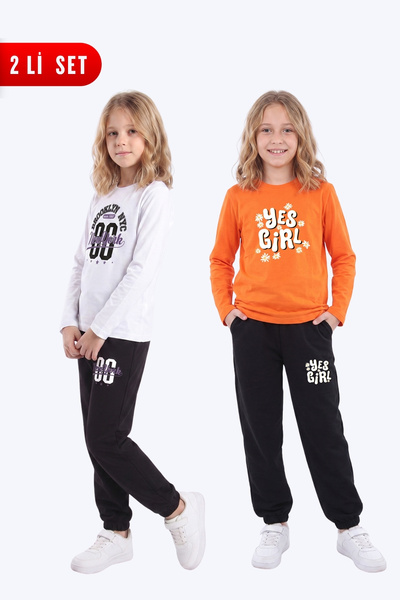 FYK KİDS Girl's 2-Piece Printed Long Sleeve Single Jersey Tracksuit Set