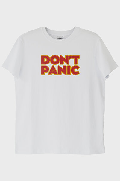 lofux تي شيرت أبيض مطبوع عليه عبارة Don't Panic بتصميم مضحك