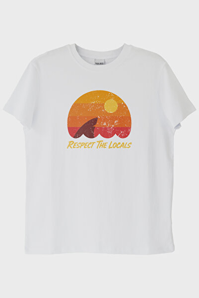 lofux Respect the Locals Shark Printed Vintage White T-Shirt