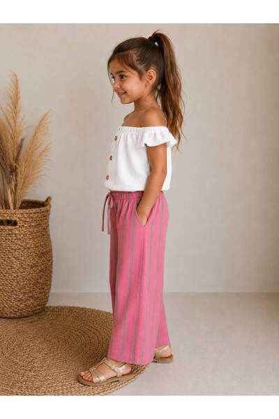 Montisu 100% Cotton Gofreli Blouse, Special Pattern Gray Striped Cotton/Linen Trouser Set, Comfortable Fit