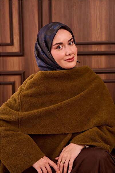 Silk Home وشاح حريري من التويل باللون الأزرق الداكن والأخضر بنمط مزخرف 90×90