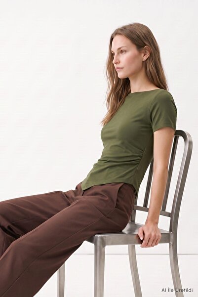 Rays Kayık Collar Side Gathered Women's Blouse 0459 Khaki