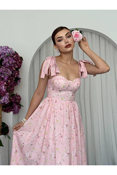 Moda Days فستان نسائي طويل برباط على الكتف وياقة على شكل قلب وطبعة زهور وردية