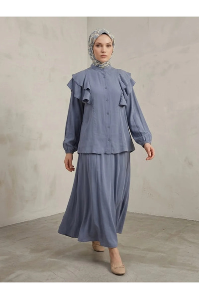 Foremia Shoulder Flounce Skirt Set-Indigo