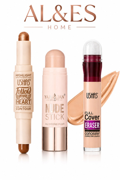AL&ES kozmetik 3'lü Makyaj Seti - Kontür Stick, Nude Stick ve Kapatıcı Likit ...
