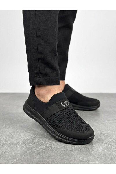 Lütfi Men's Laceless Black Mesh Sneaker Orthopedic Sole Walking Shoes