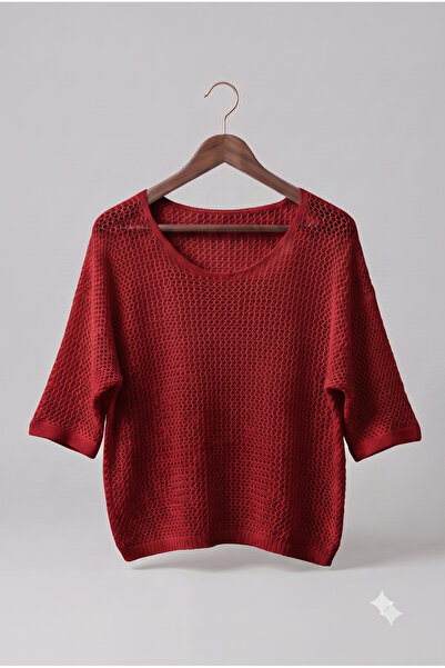 Lunleni Women's Openwork Casual Red Blouse Bat Sleeve Blouse