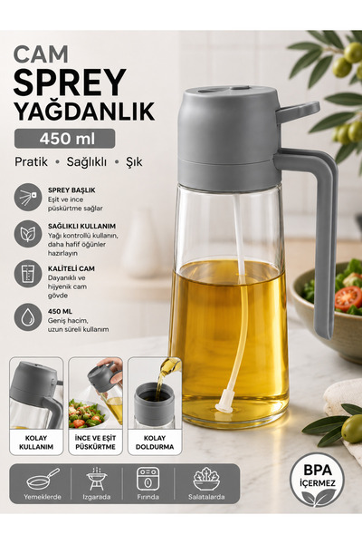 kumkumticaret 450 ml Cam Sprey Yağdanlık | BPA İçermez Yağ Spreyi | Zeytinyağ...