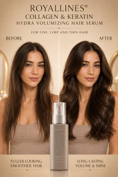 ROYALLINES Collagen & Keratin Hydra Volumizing Hair Serum 100ml – Lightweight Leave-In Serum for Fine, Limp & Thin Hair, Frizz Control, Strength, Volume & Shine