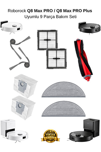 Roborock Q8 Max Pro Plus Robot Süpürge Uyumlu 9 Parça Bakım Seti (2 Filtre, 2...