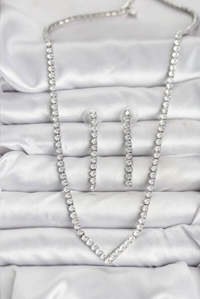 deluxe takı ve giyim Silver Color Zircon Stone Women's Necklace Earring Set