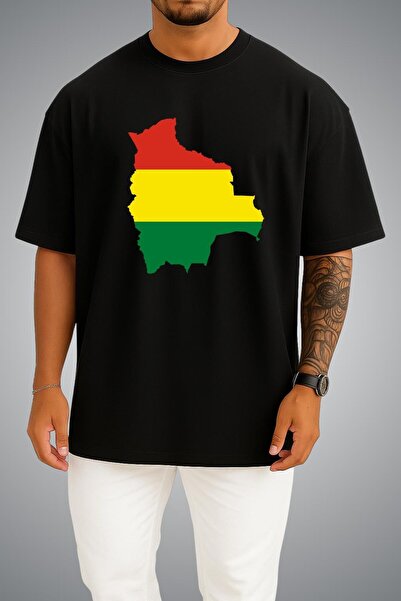 Bahriyeli Collection Oversize Bolivia Flag and Map Chest Printed Unisex T-Shirt