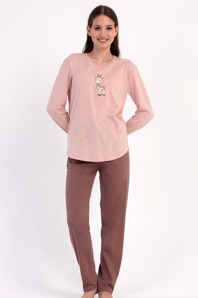 VİENETTA Women's Pajamas 100% Cotton Powder Pink, Powder Pink, Long Sleeve Bl...