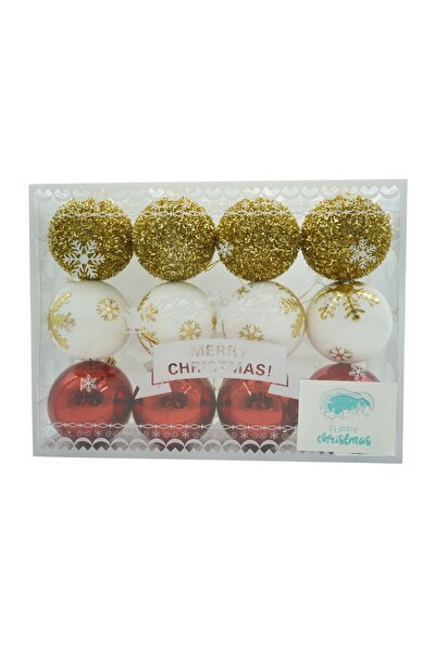 Rao Set de 12 Ornamente de Brad, de Tip Glob, Alb/ Rosu, din Polistiren, cu F...