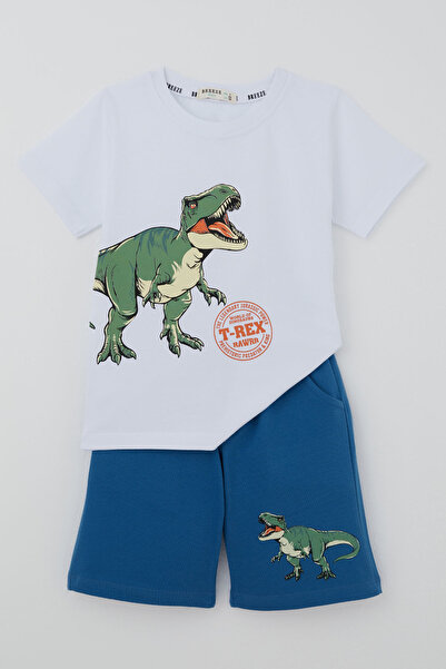 Breeze Boy's Shorts Set with Roaring Dinosaur Print, Ages 2-6, White