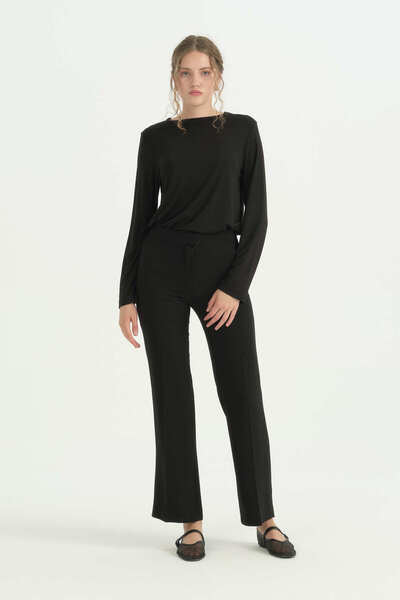 Nihan Stylish Trousers with Ironing Marks - Black - Black